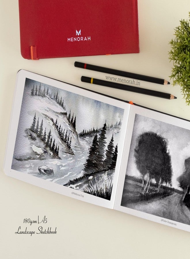 MENORAH دفتر رسم مينورا A5 - دفتر رسم فني - 180 غرام/متر مربع - غلاف مقوى، دفتر رسم - 100 صفحة/50 ورقة (مقاس 14.8 سم × 21.0 سم) - مصنوع يدويًا بالكامل - دفتر رسم - منظر طبيعي (أحمر، ألوان مائية) - Image 3